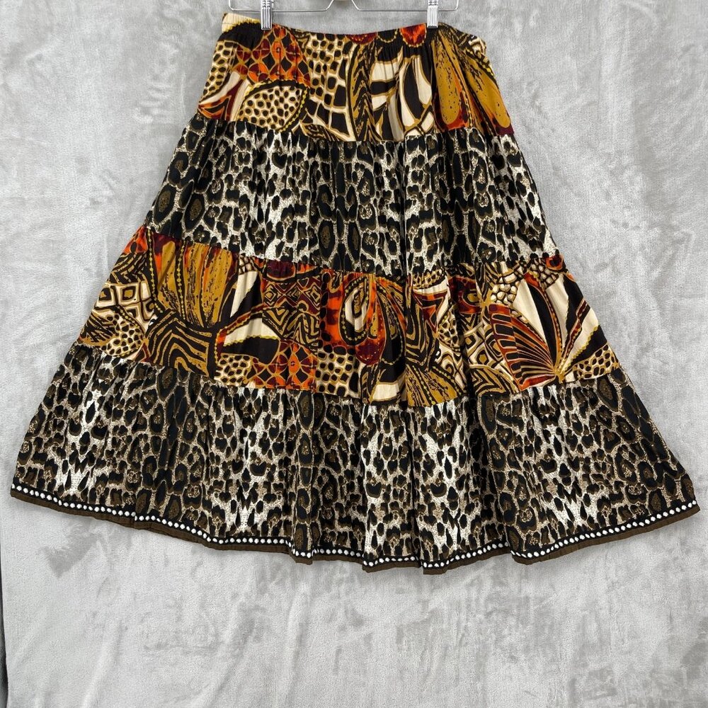 Vintage Leopard Animal Print Batik A Line Maxi Skirt Brown Orange - Picture 1 of 10